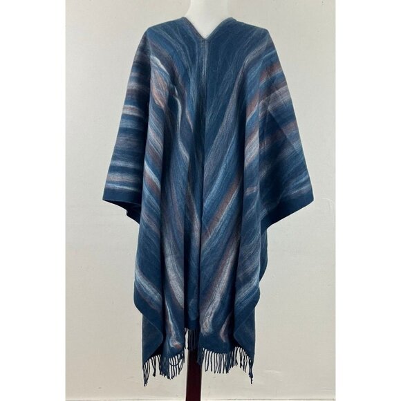 Chico’s Womens  Ruana Covering Wrap Blue Stripped Fringed OS NEW - Picture 2 of 5